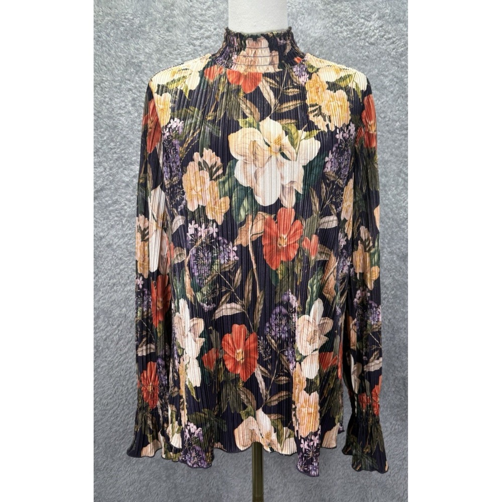 Chicos Womens Size 2 L Floral Pleated Blouse Mock Neck Bell Sleeve Boho Top